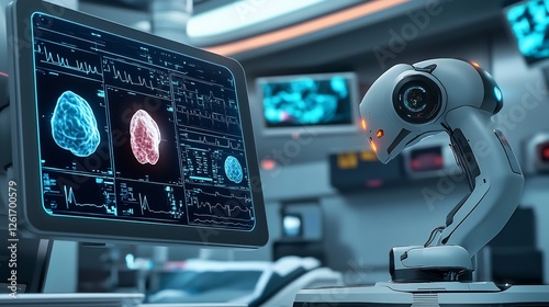 Futuristic AI assisted cancer detection system analyzing complex medical scans