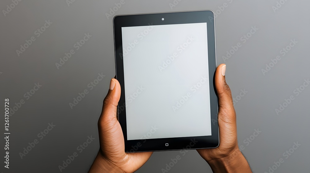 Hands holding a tablet displaying a blank white screen Hands holding a tablet displaying a blank white screen