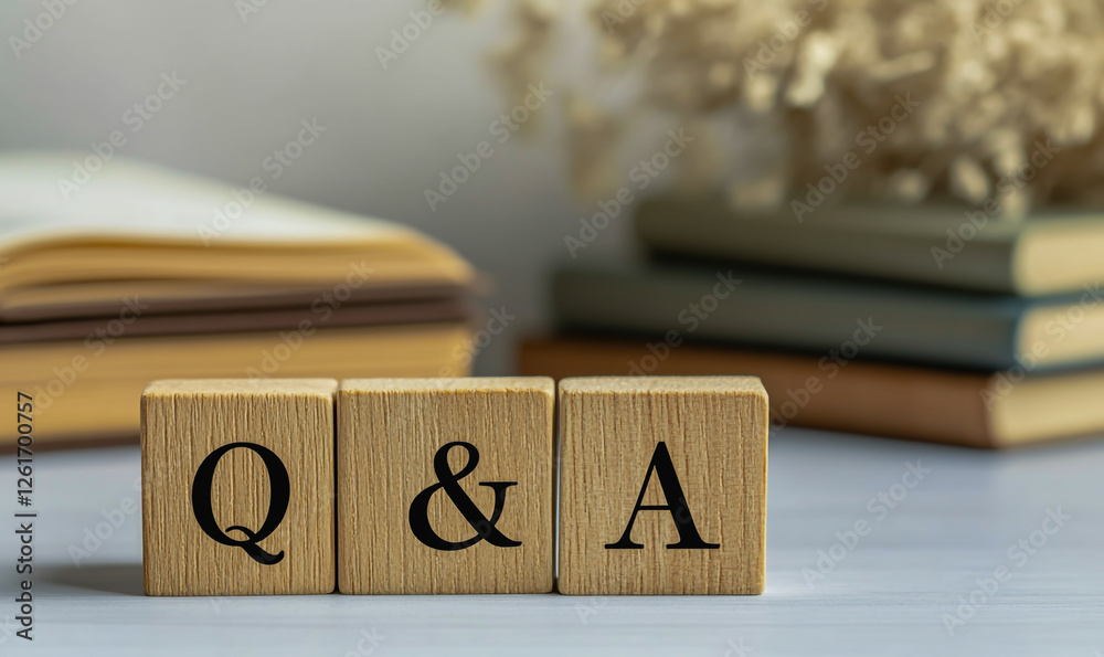 Wooden letter block containing questions and answers with stacks of books in the background. Wooden letter block containing questions and answers with stacks of books in the background.