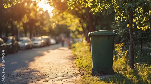 Green trash bin on a sunlit street lined with trees, cars parked, and pedestrians walking in the background