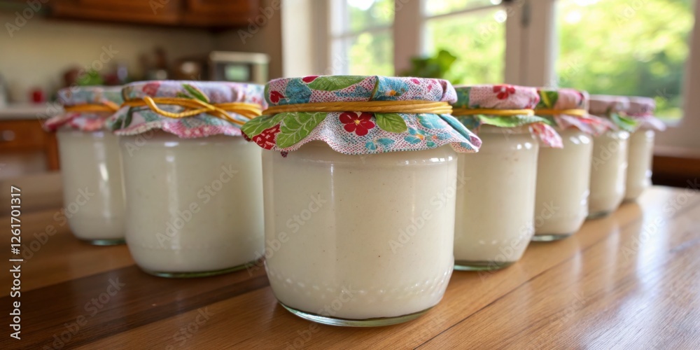 Homemade yogurt jars on a wooden table in a bright kitchen during daylight Homemade yogurt jars on a wooden table in a bright kitchen during daylight