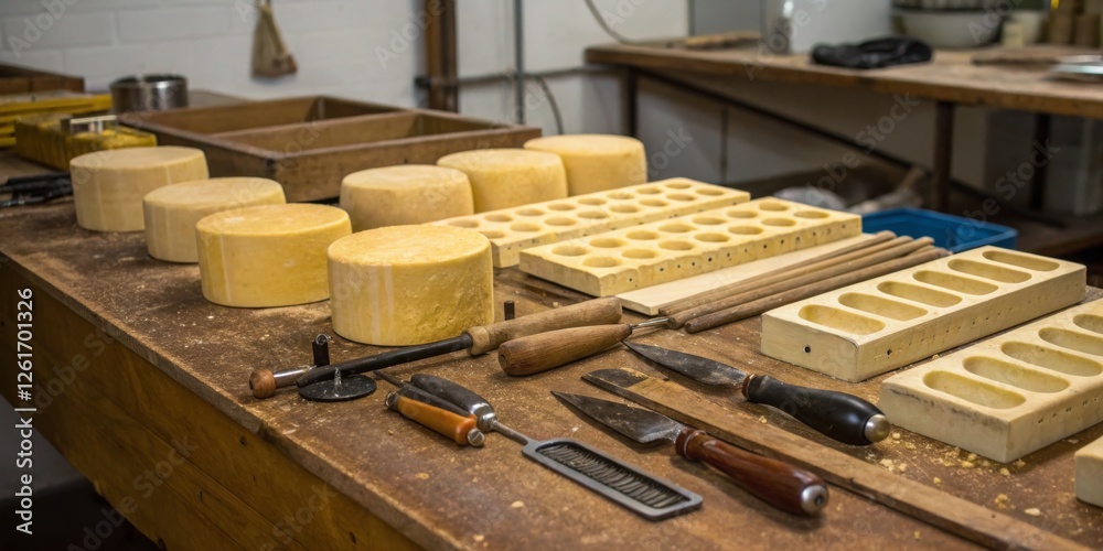Artisan cheese-making tools and molds arranged on a wooden workbench in a craft workshop Artisan cheese-making tools and molds arranged on a wooden workbench in a craft workshop