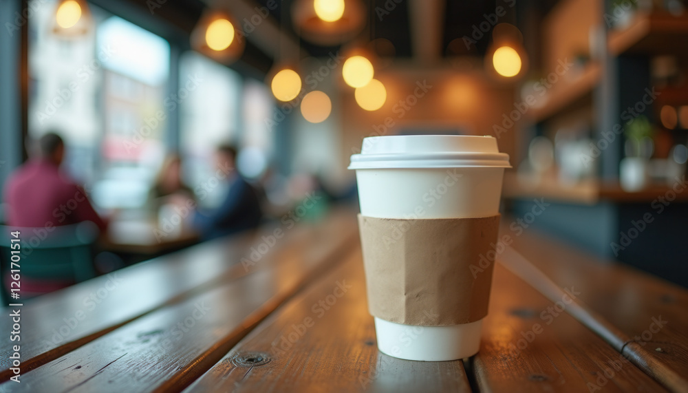 Paper Coffee Cup on Cafe Table, Blurred Background Paper Coffee Cup on Cafe Table, Blurred Background