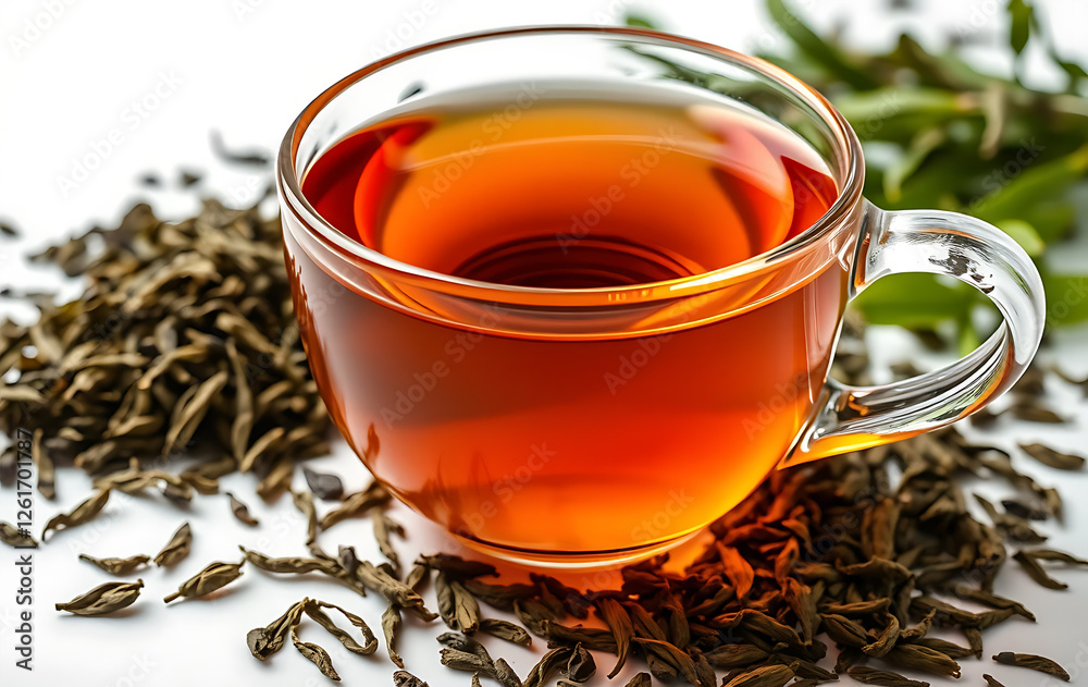 Amber Tea in a Glass Mug with Dried Leaves on a White Background Amber Tea in a Glass Mug with Dried Leaves on a White Background