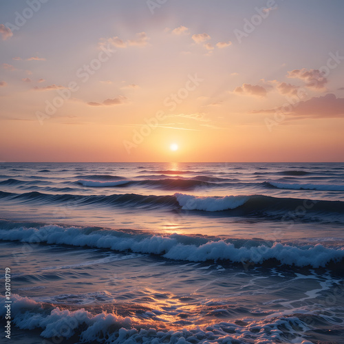 Sunset over the sea with waves, beach, and colorful sky reflecting the light in the evening