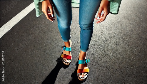 A top-down view of a woman's feet wearing bright, colorful summer sandals standing on a dark asphalt surface