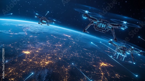 Fototapeta Naklejka Na Ścianę i Meble -  Futuristic AI controlled space station orbiting Earth with autonomous maintenance drones 