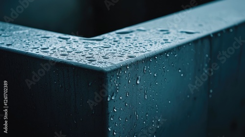 Close-up of water droplets on a sleek metal surface, showcasing texture and reflections