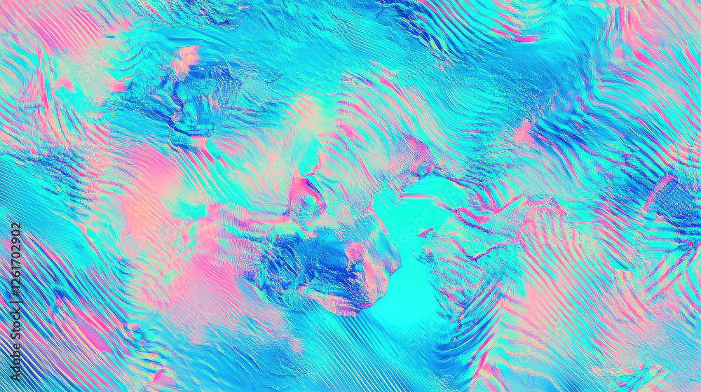 Fototapeta premium A futuristic abstract background with a blend of blue, mint, and pink, enhanced by digital glitch and distortion effects. The design embraces retro futurism, webpunk, rave 80s and 90s aesthetics