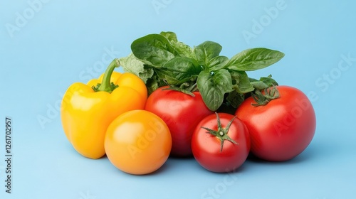 Colorful assortment of fresh vegetables including bell peppers and tomatoes on a blue background