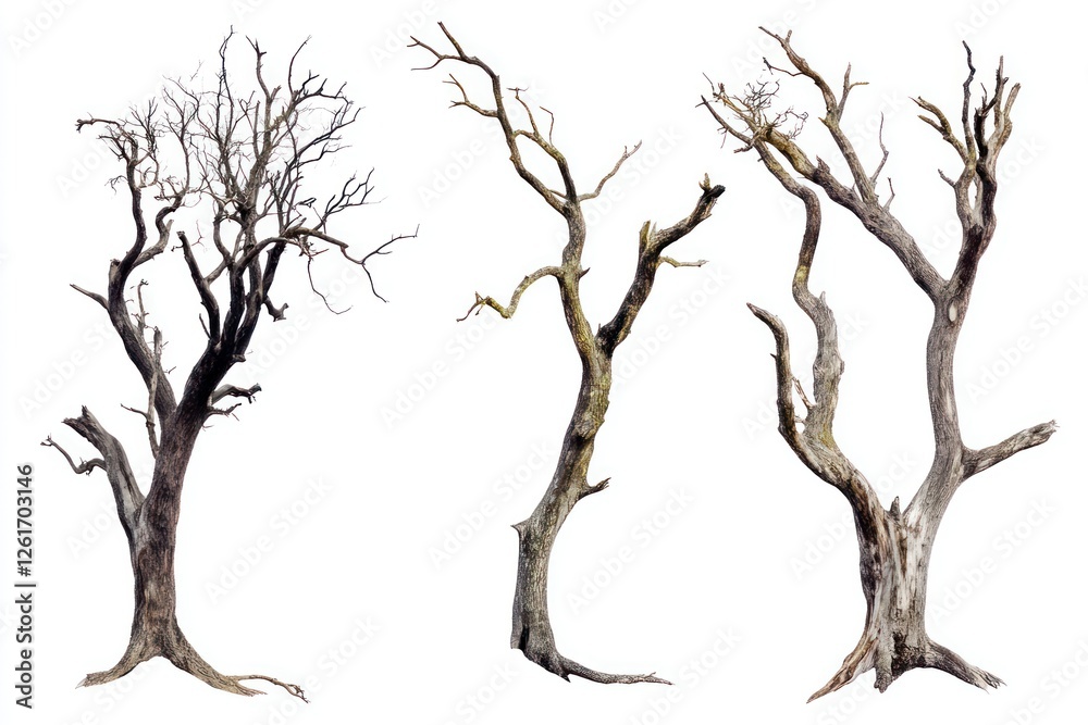 Four dead trees, isolated, white background, design element Four dead trees, isolated, white background, design element