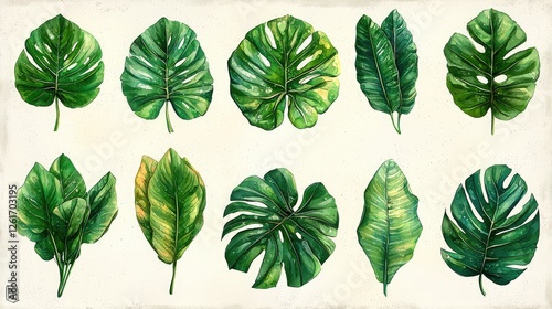 A vibrant collection of tropical leaves showcasing various shapes and textures on a light background