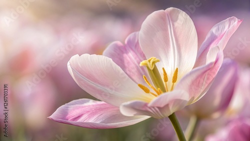 Single dreamy surreal pink flower. The image symbolizes beauty, fragility, life, rebirth, and the power of nature.  Ethereal pale pink flower with flowing petals against a blue background.
