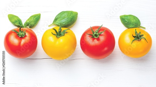 Fresh tomatoes in various colors arranged on a white wooden surface with basil leaves