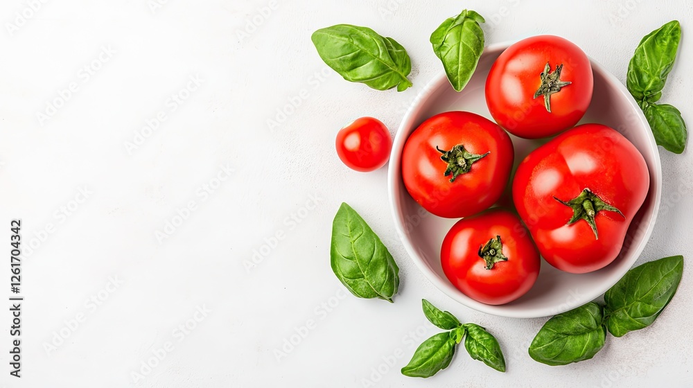 Fresh red tomatoes and basil leaves arranged in a bowl on a light background, showcasing vibrant colors Fresh red tomatoes and basil leaves arranged in a bowl on a light background, showcasing vibrant colors