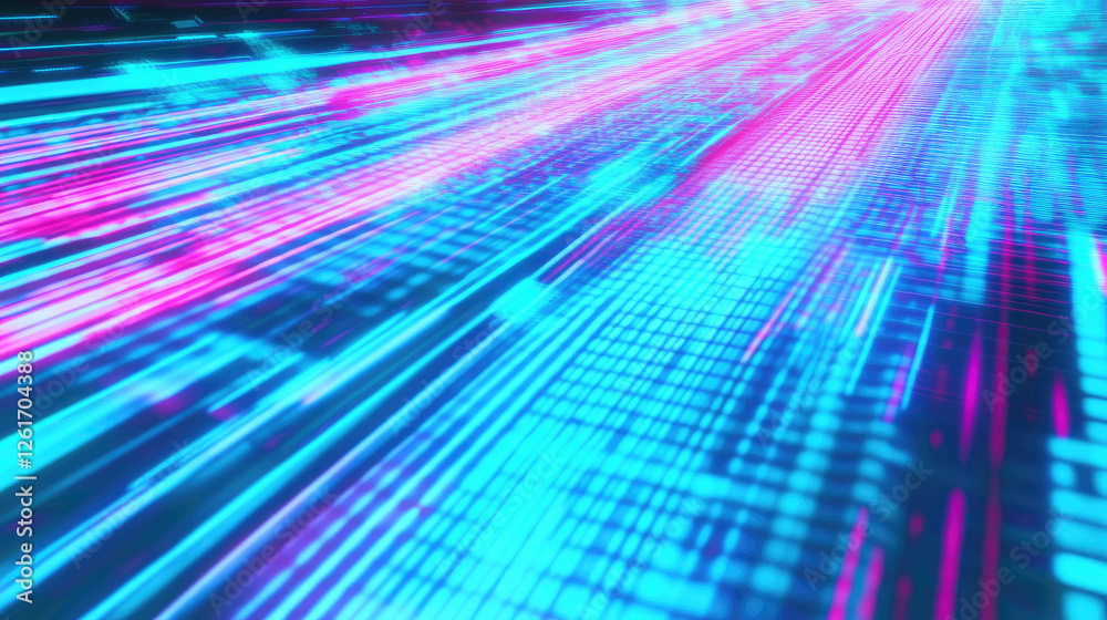 A futuristic abstract background with a blend of blue, mint, and pink, enhanced by digital glitch and distortion effects. The design embraces retro futurism, webpunk, rave 80s and 90s aesthetics