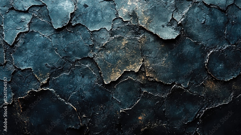 Fototapeta premium Textured surface of cracked paint revealing dark tones, suggesting decay and age in a background