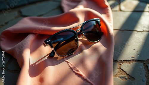 Stylish Brown Sunglasses on Flowing Pink Silk Material photo