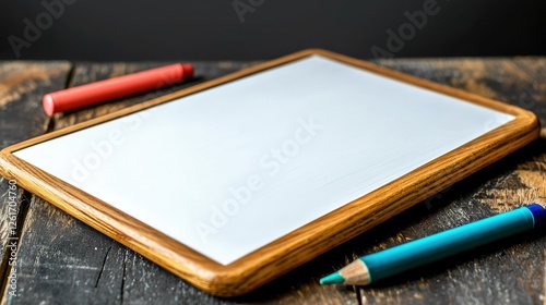 Blank writing board with colorful markers on a rustic wooden table, perfect for creative brainstorming