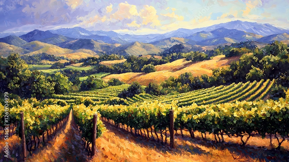 Fototapeta premium Scenic Vineyard Landscape with Rolling Hills, Golden Grapevines and Majestic Mountain Backdrop