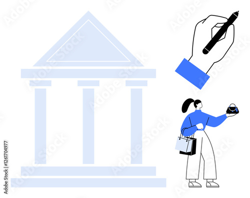 Classical building with columns and triangular pediment, person holding piggy bank and shopping bags, hand writing with pen. Ideal for finance, savings, investment, security, education, architecture