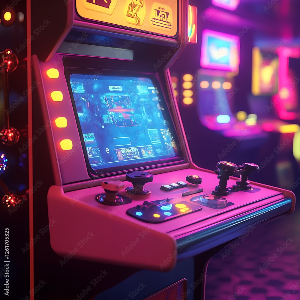 Retro arcade game machine in vibrant neon lights, digital screen, joystick, and buttons Retro arcade game machine in vibrant neon lights, digital screen, joystick, and buttons