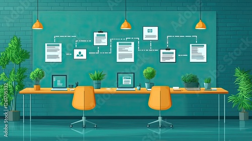 Modern workspace featuring two orange chairs, green plants, and documents on a teal wall