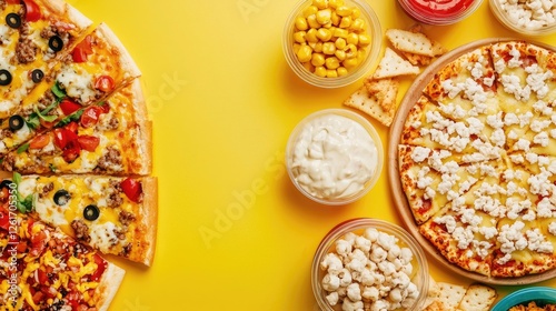 Colorful spread of pizzas with toppings and snacks on a bright yellow background