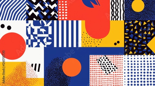 Colorful geometric patterns in vibrant hues creating a dynamic visual collage effect