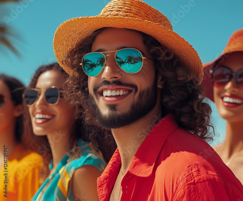 group of happy friends smiling by pool on sunny day, wearing sunglasses and colorful outfits. Their joyful expressions reflect fun summer vibe photo