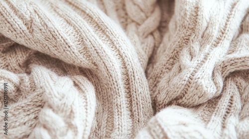 Close-up of a cozy, knitted cream sweater showcasing intricate cable patterns and textures