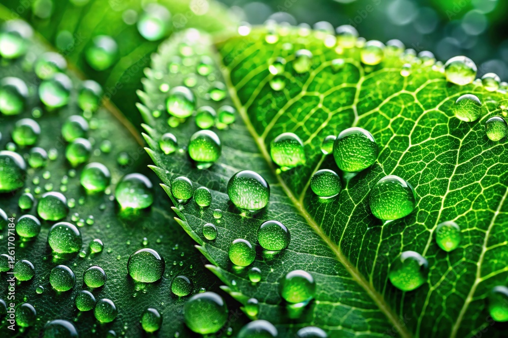 Close-Up Dew Drops on Lush Green Leaves - Nature Stock Photo