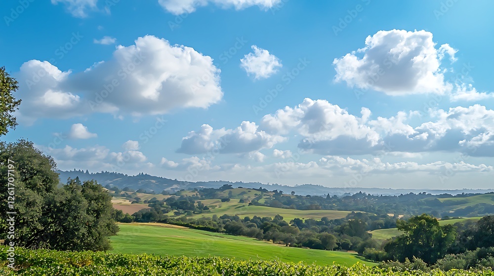 Fototapeta premium Scenic Countryside Landscape with Lush Green Fields and Dramatic Cloudy Sky