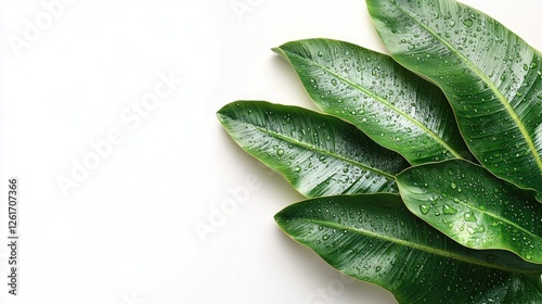 Fresh green leaves with water droplets arranged on a white background, evoking a sense of nature and tranquility