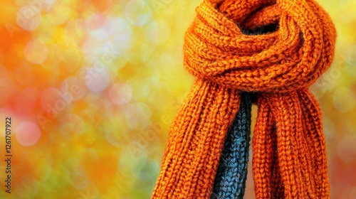 Vibrant orange and blue knitted scarf draped elegantly against a colorful bokeh background
