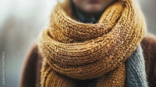 Close-up of a person wearing a cozy, knitted scarf in autumn, with a blurred background suggesting a chilly day