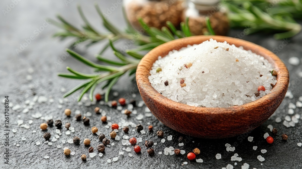 Close-up of coarse sea salt in a wooden bowl surrounded by spices and herbs on a dark surface Close-up of coarse sea salt in a wooden bowl surrounded by spices and herbs on a dark surface