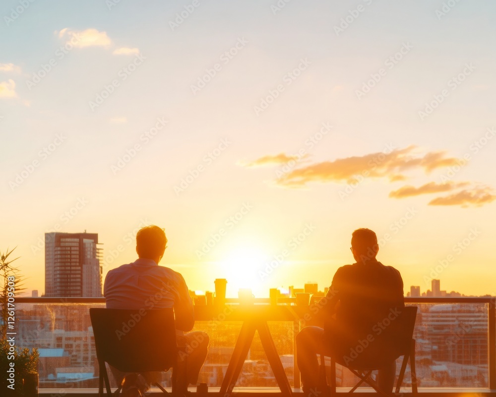 Obraz premium Golden Hour Rooftop Terrace Urban Skyline View Over Coffee - Elevating Boutique Hospitality and Co-Living Spaces with Warm Aesthetic for Social Communities