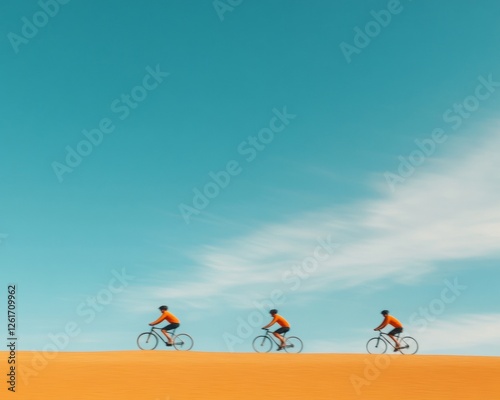 Minimalist Coastal Cycling Imagery Trio of Cyclists on Desert Path Under Azure Skies Modern Lifestyle Content for Sustainable Tourism and Eco-Friendly Transportation Campaigns photo