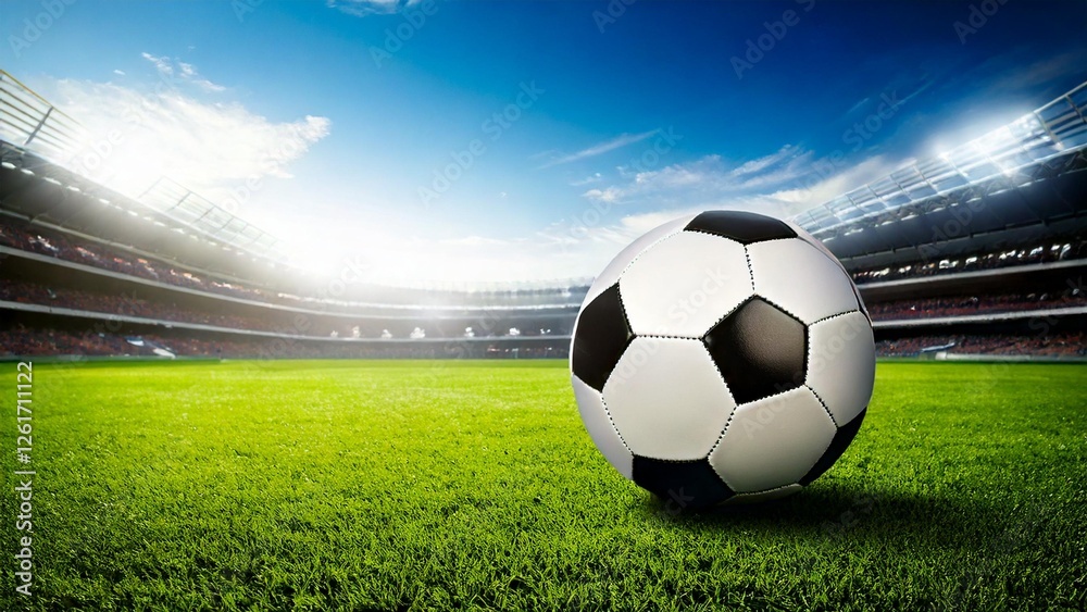 Obraz premium サッカーの戦いのイメージ スタジアム 青空 芝生 おしゃれ 背景素材 チラシ・バナー・動画素材 AI生成素材