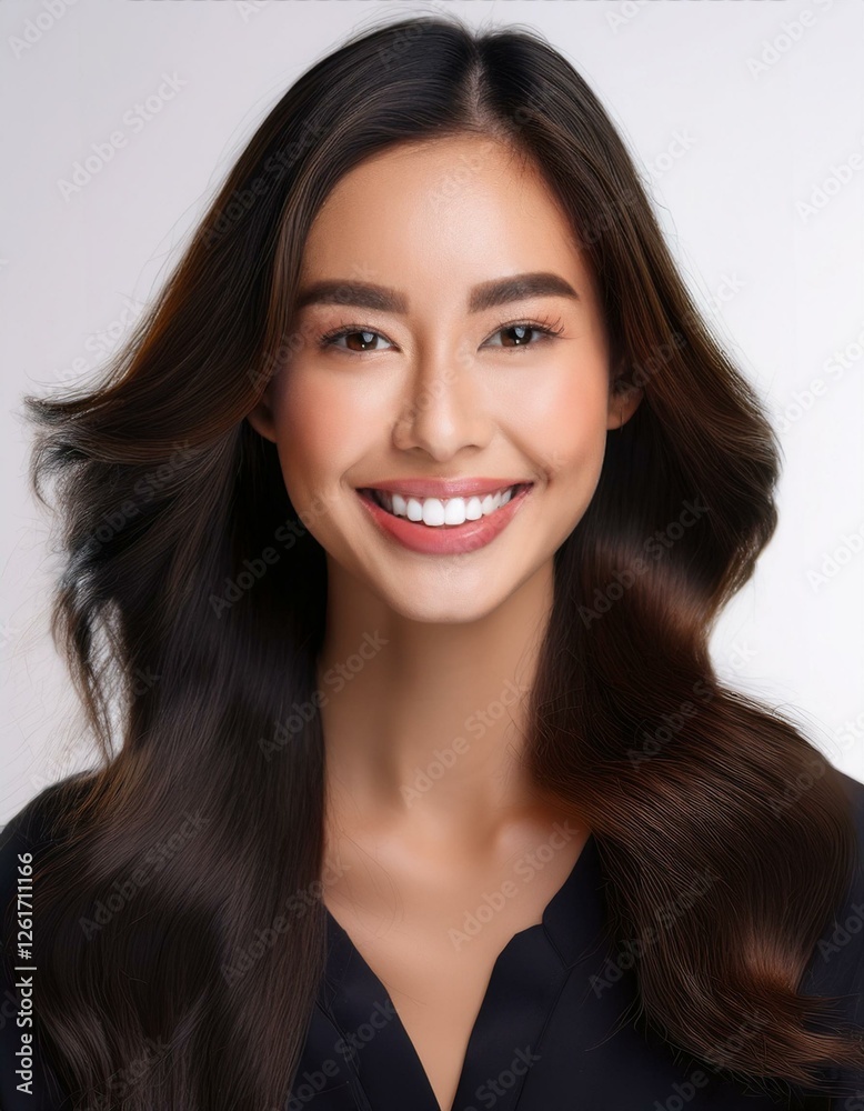 白く整った美しい歯並びの女性の顔のクローズアップ。白い背景。AIで生成	