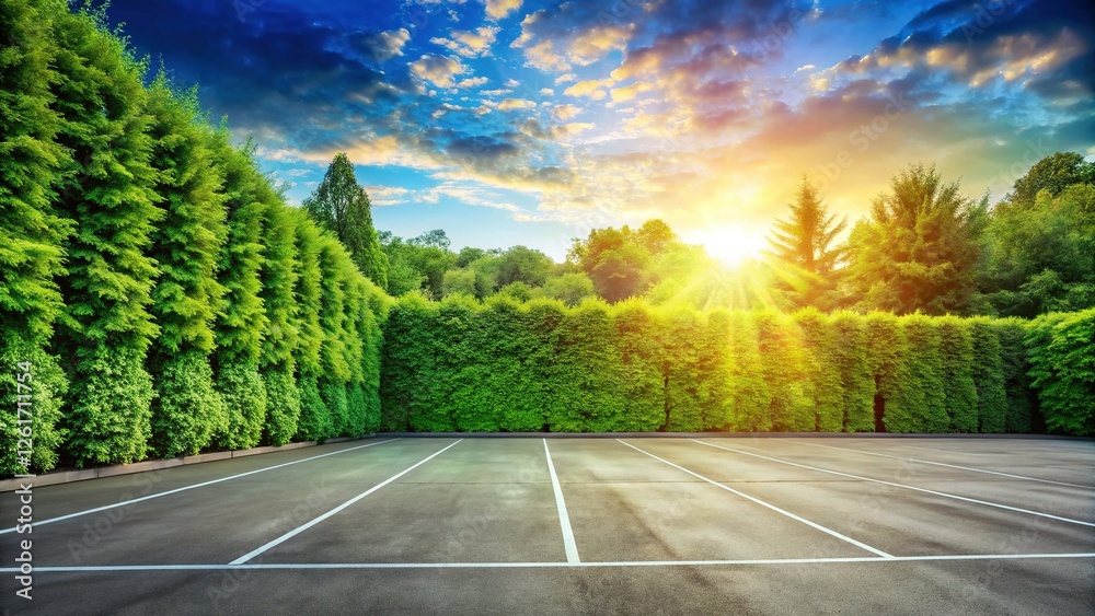 Fototapeta premium Empty Parking Lot with Lush Foliage Wall Background - Summer Day Stock Photo