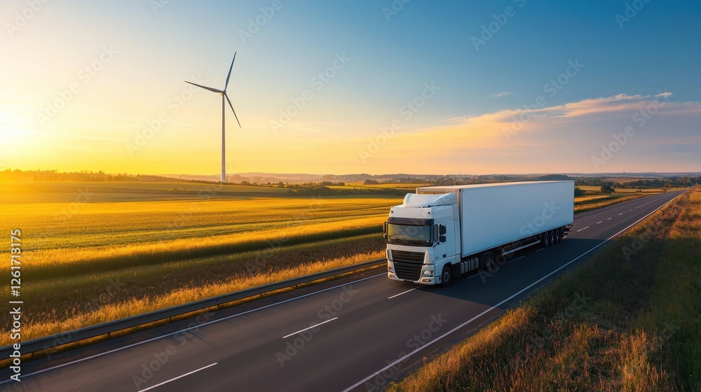 A truck drives along a scenic road with fields and a wind turbine in the background during a beautiful sunset. A truck drives along a scenic road with fields and a wind turbine in the background during a beautiful sunset.