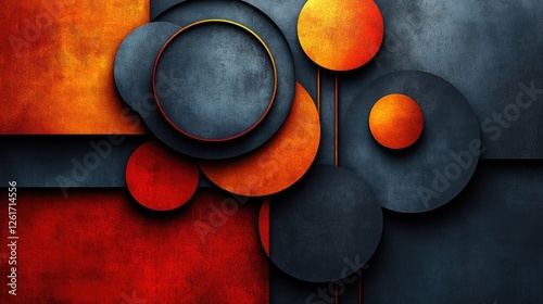 Abstract geometric composition with circular shapes in warm colors on a textured background