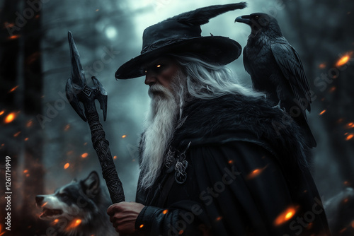 Ancient god Odin with ravens on dark forest background. photo