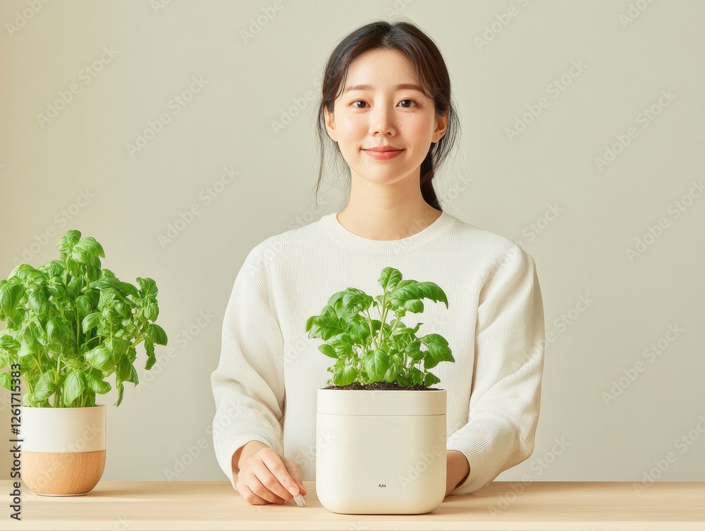 Minimalist Urban Hydroponics Korean Woman with Prosthetic Arm Tending Basil in Eco-Friendly Kit on Natural Wood - Innovative Kitchen Design and Sustainable Lifestyle Minimalist Urban Hydroponics Korean Woman with Prosthetic Arm Tending Basil in Eco-Friendly Kit on Natural Wood - Innovative Kitchen Design and Sustainable Lifestyle