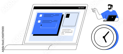Laptop with blue interface, clock, and person pointing while holding a tablet. Ideal for remote work, time management, project planning, online collaboration, virtual meetings, efficiency