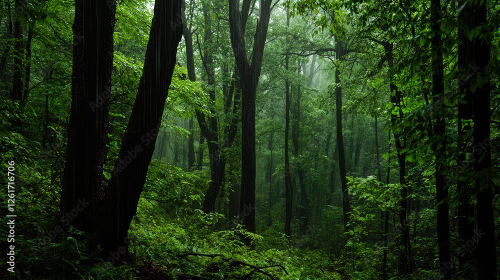 dense forest with lush greenery and tall trees surrounded by mist dense forest with lush greenery and tall trees surrounded by mist