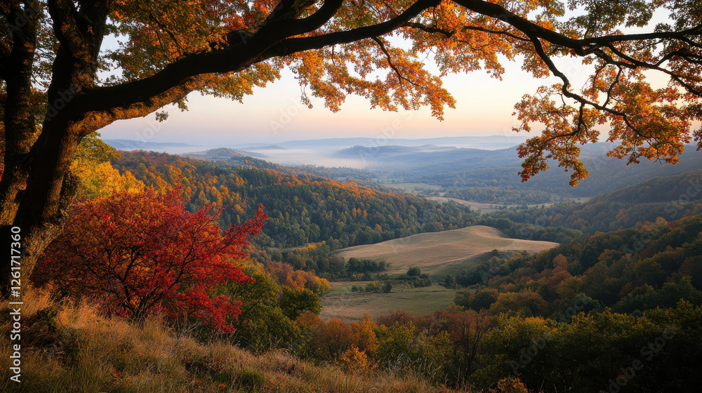 distant view of valley during autumn with vibrant fall colors distant view of valley during autumn with vibrant fall colors