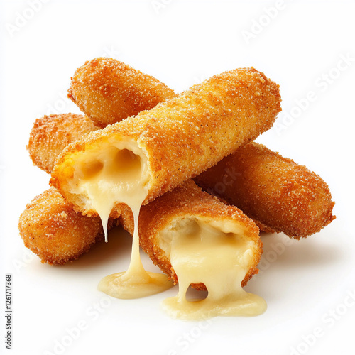Mozzarella sticks with melted cheese stretching, crispy golden coating, isolated